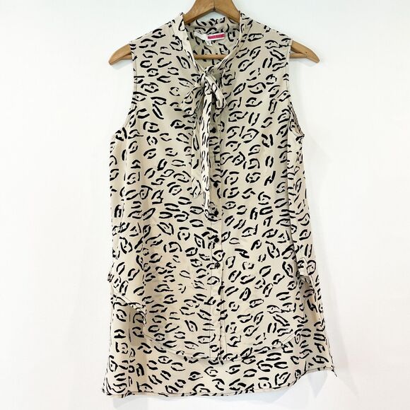 Tracy Reese Animal Print Blouse Sleeveless Neck Tie Medium Button Front - Picture 1 of 5